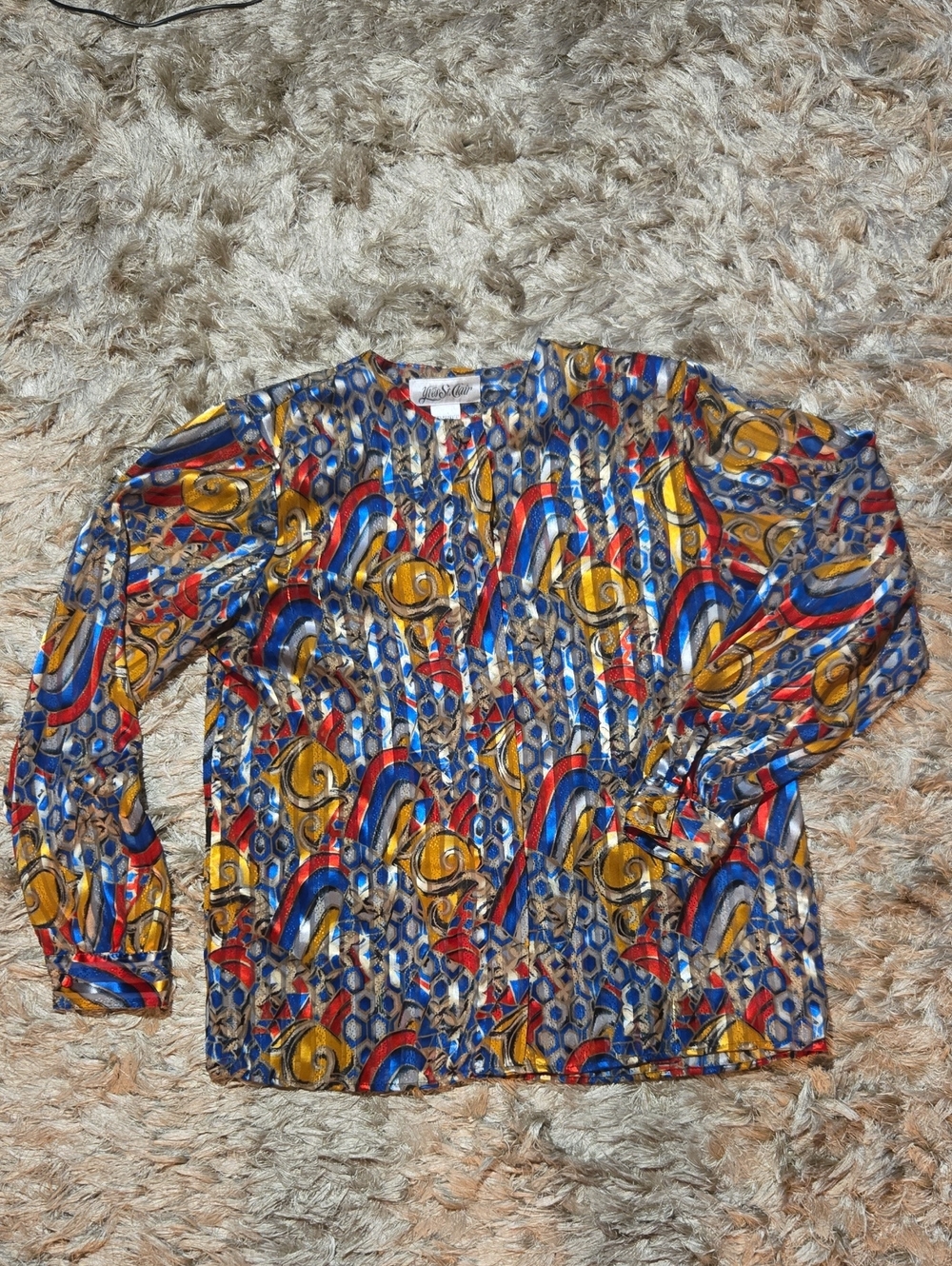 Vintage Long-Sleeve Printed Shirt in Blue, Red & Yellow